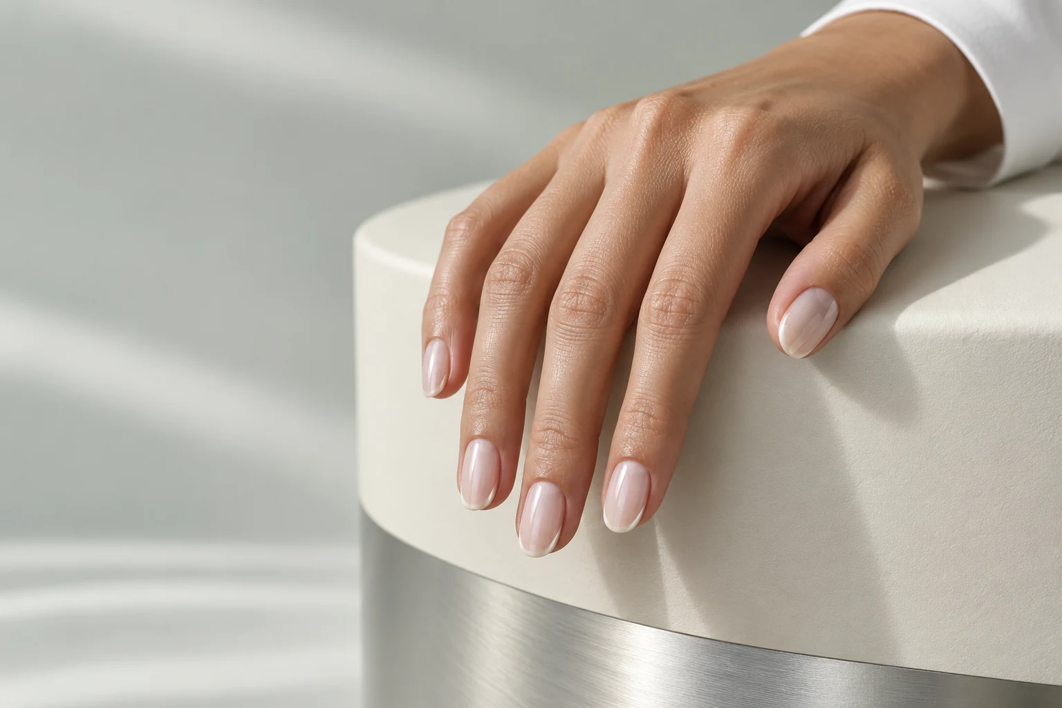 Wizualizacja perłowego manicure na jasnym, minimalistycznym tle